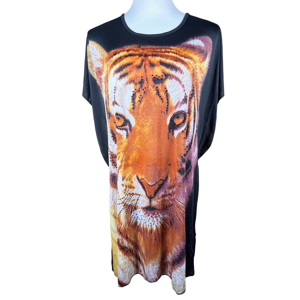 5th‎ & Love Tiger Graphic Tunic Top XL Black Orange Rhinestone Side Tie Dolman